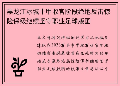 黑龙江冰城中甲收官阶段绝地反击惊险保级继续坚守职业足球版图