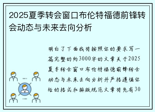 2025夏季转会窗口布伦特福德前锋转会动态与未来去向分析