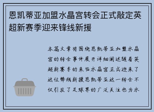 恩凯蒂亚加盟水晶宫转会正式敲定英超新赛季迎来锋线新援